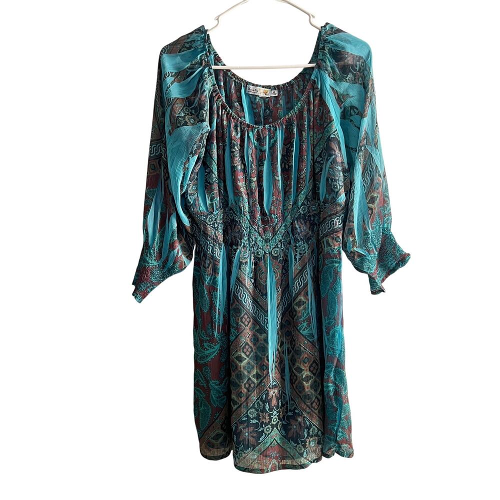 UNITY WORLD WEAR Women's M Babydoll Blue Mix Media Print Tunic Blouse Y2k Sheer